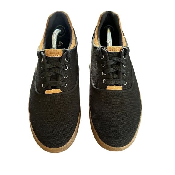 Olukai Makani Black Canvas Lace Up Casual Sneaker Tan Leather Accents SZ 7 - Picture 2 of 9